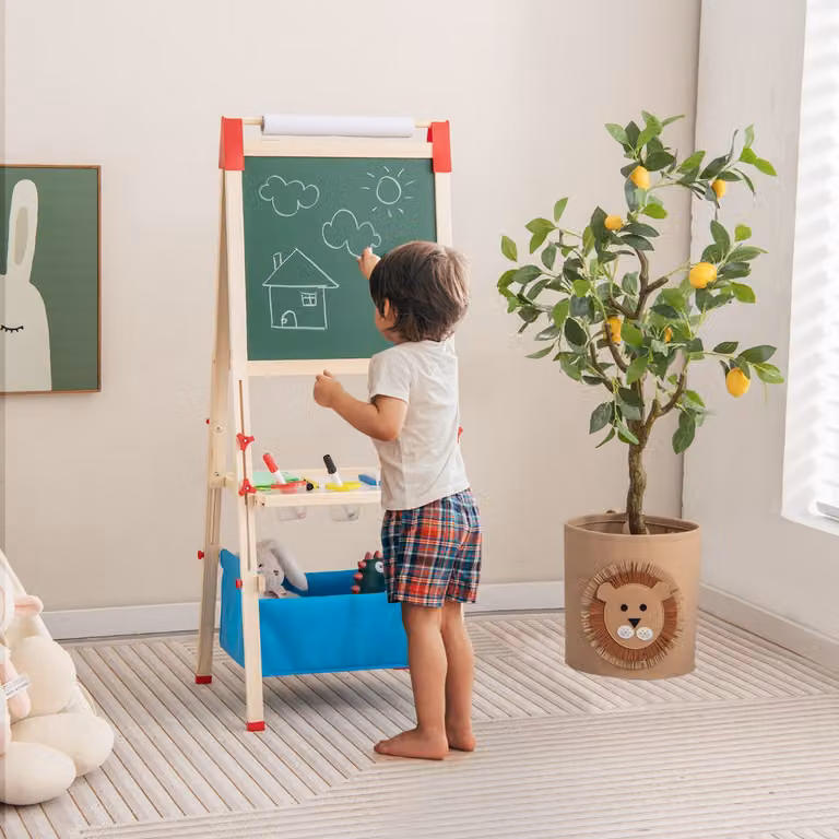 Cavalletto per bambini Costway in legno regolabile in altezza con lavagna e rotolo di carta sostituibile disponibile in bianco, nero o marrone