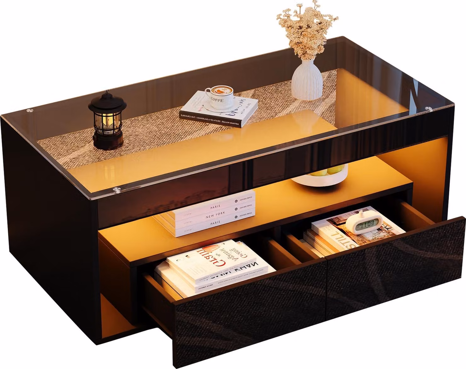 tavolino da caffè 100*50*40cm con luce LED, tavolo da divano rettangolare con 2 ampi cassetti, spazioso tavolo da soggiorno in vetro, design a doppio strato