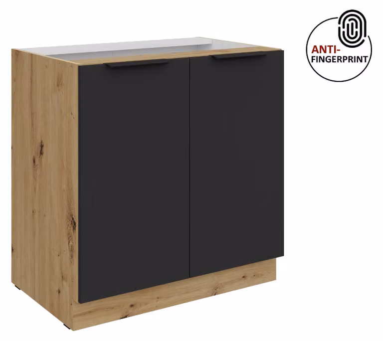 Mobile base da cucina da 80 cm, cucina ARIA nero ultra opaco + rovere Artisan opaco, frontali di alta qualità con rivestimento anti-impronta, blocco cucina