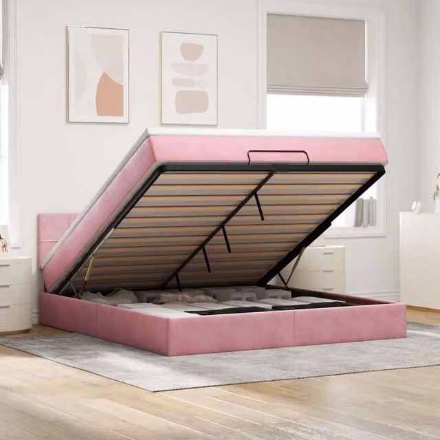 Letto con contenitore a sollevamento vidaXL in velluto rosa e bianco con materasso L/P: 160 x 200 cm – 1