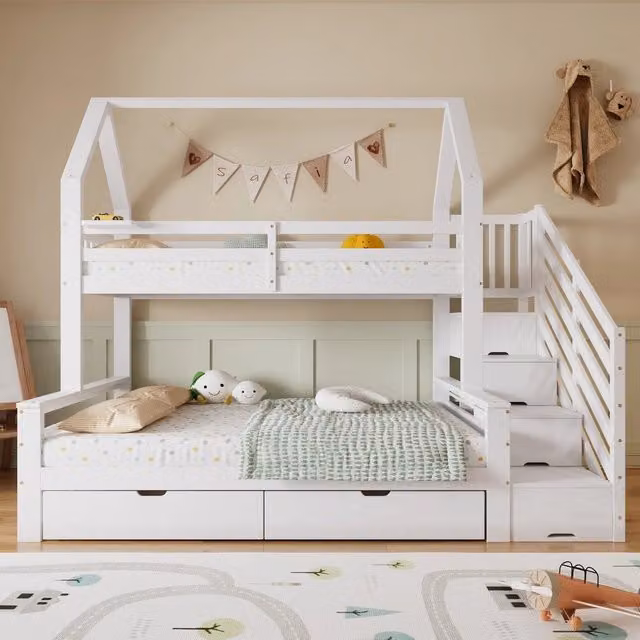 Letto a castello per bambini ¨C Minimal ¨C bianco, legno di pino, 90x200cm e 140x200cm, con cassetti, scala e ringhiera di sicurezza