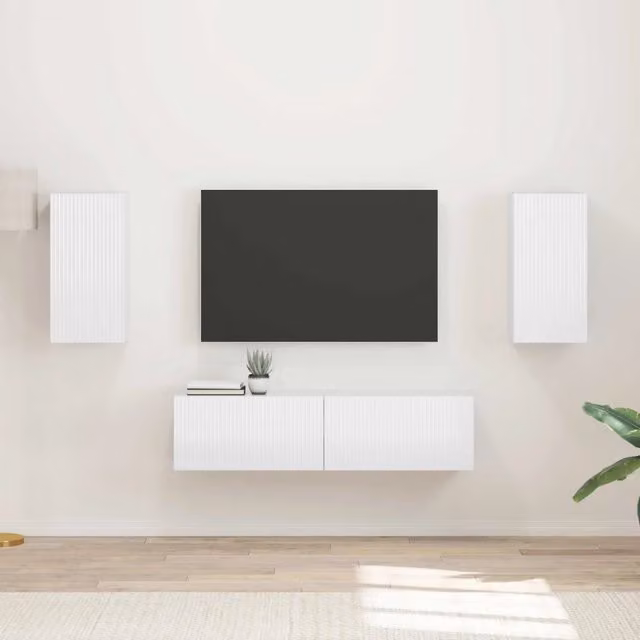 Set mobile TV 4 pz-Credenza per TV Bianco Lucido Legno multistrato 514712