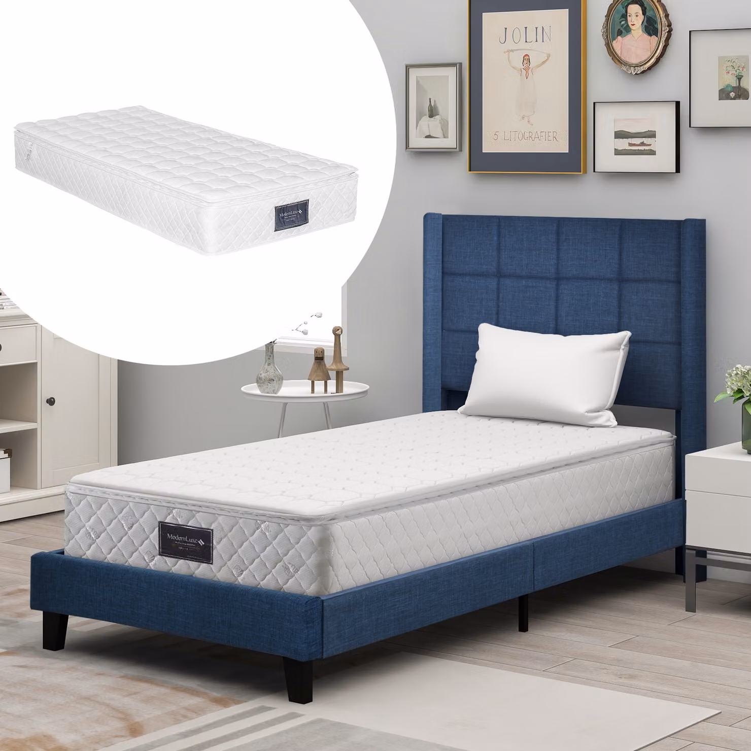 Flieks Letto imbottito con materasso, letto singolo in legno 90x200 cm con rete a doghe e testata, letto per ragazzi 90x200 cm con materasso, rivestimento in lino, blu