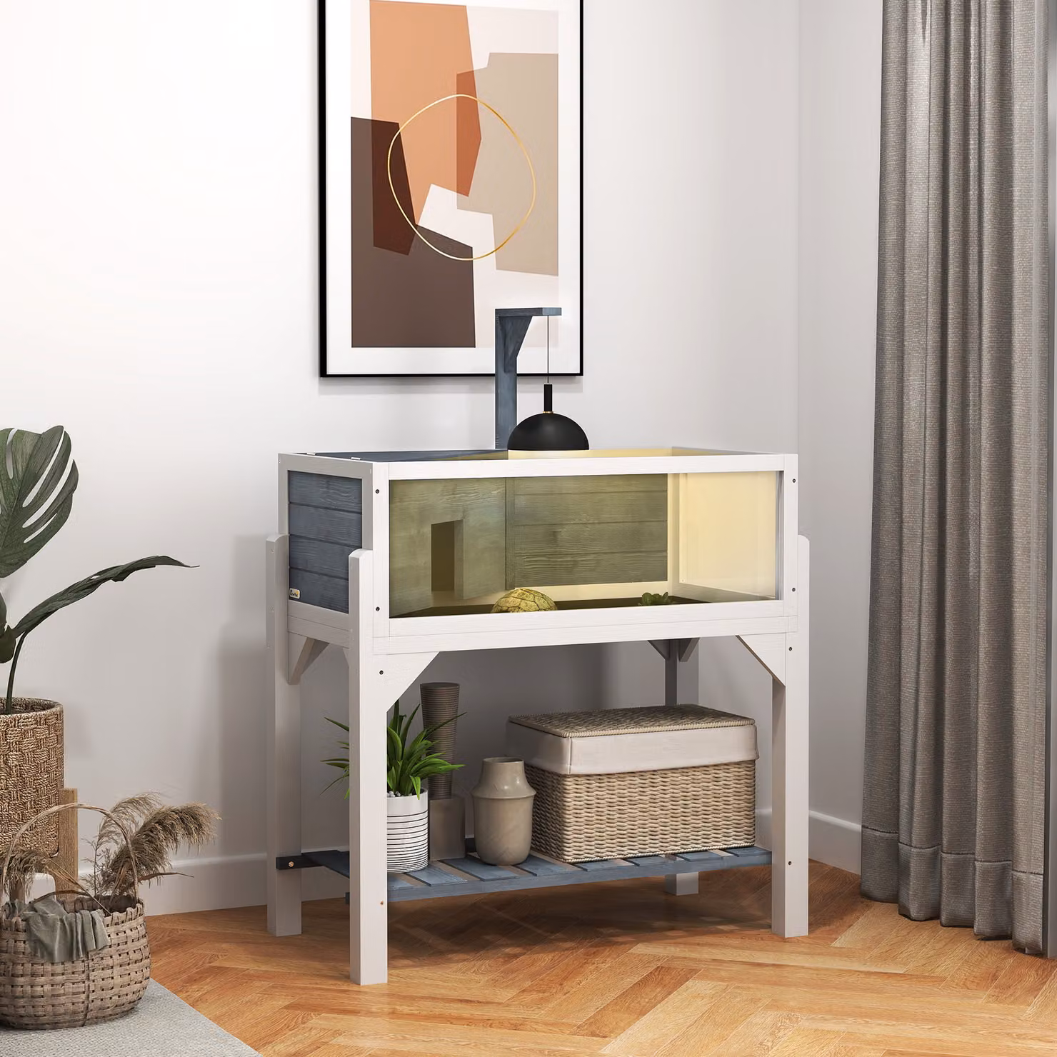 PawHut Terrario per tartarughe terrestri con 2 zone e tetto apribile, grigio, L: 84,5 cm, P: 47,5 cm, H: 90 cm – 2