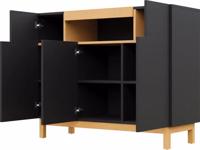 Sideboard nero e legno con 3 ante e ripiano centrale aperto, 120,5x42x96 cm, per soggiorno e sala da pranzo