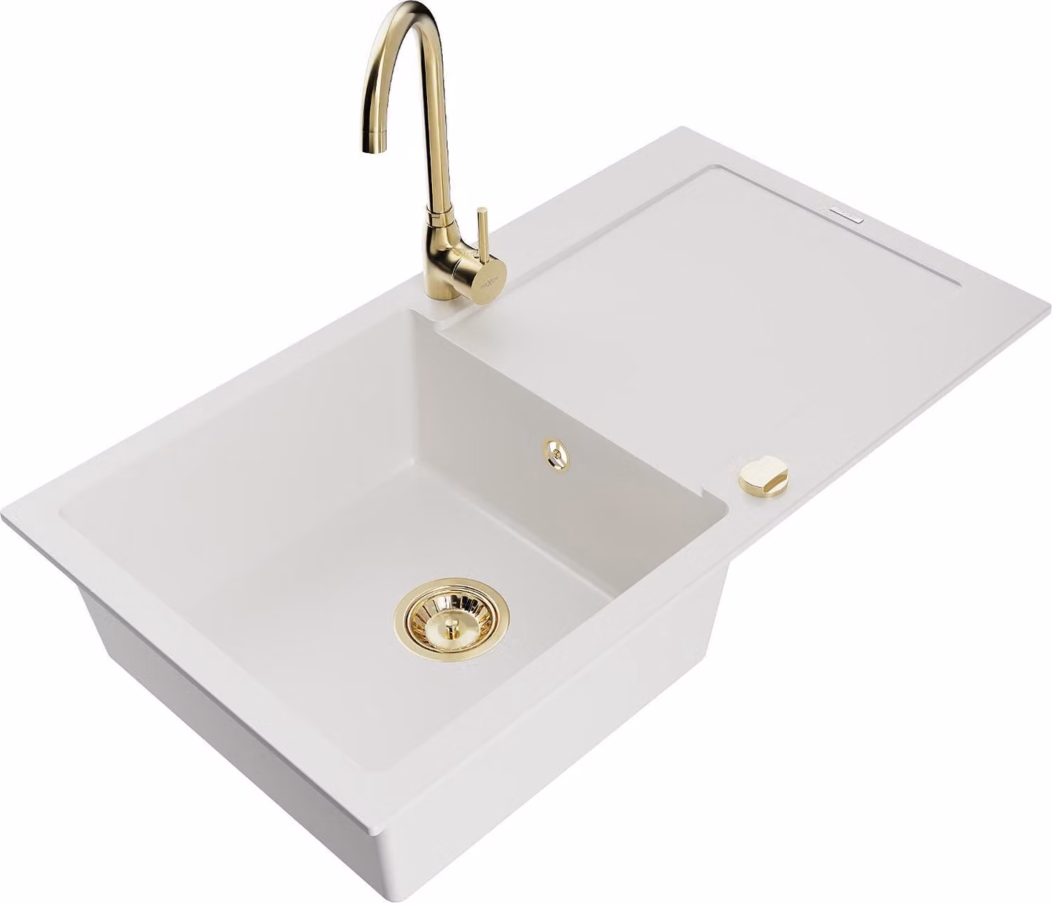 Mexen Leo lavello da cucina in granito a 1 vasca con scolapiatti e miscelatore Telma, bianco - 6501-20-670200-50