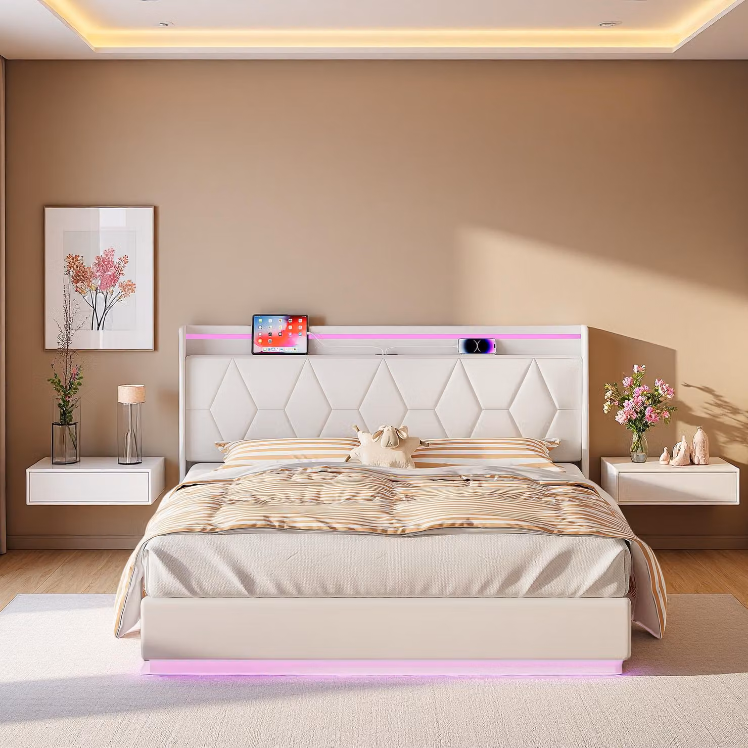 Letto matrimoniale in velluto bianco 140x200 cm, testata imbottita con LED, porte di ricarica, strisce luminose su 3 lati