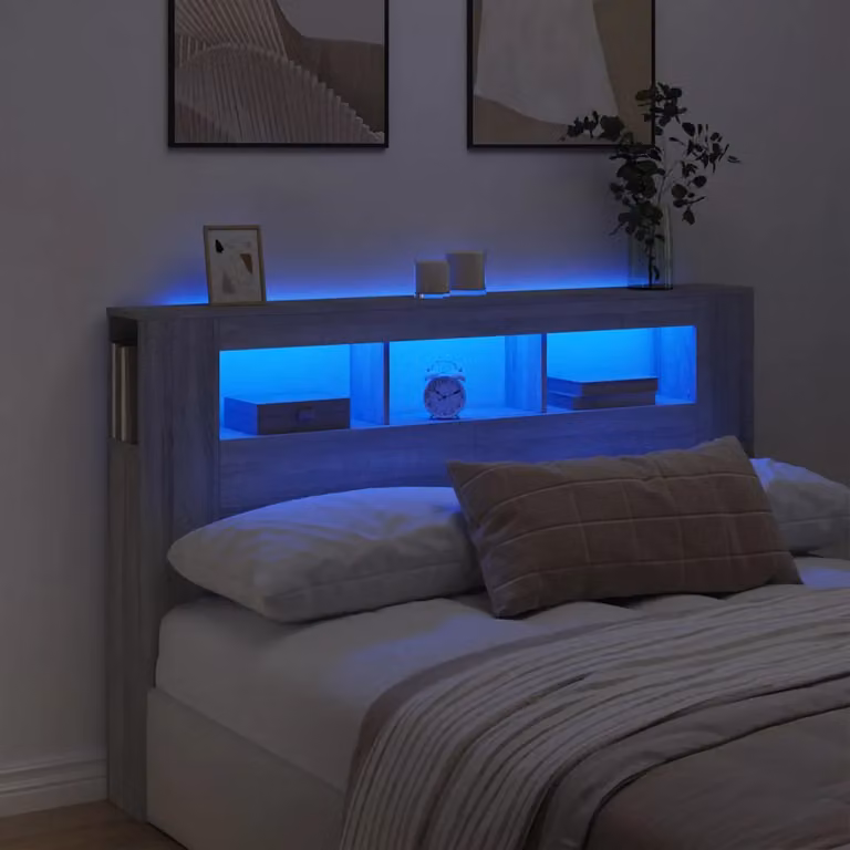 Testiera Letto con LED e Porta USB vidaXL in Legno Multistrato Grigio Sonoma L: 160 cm, P: 18,5 cm, H: 103,5 cm