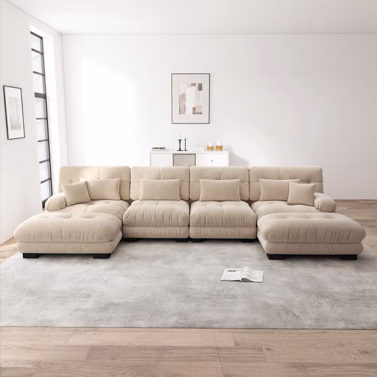 Divano angolare componibile Sweiko, set di divani a U per il soggiorno, comodi divani cloud a 4 posti con pouf mobile, combinazione fai da te, ciniglia, marrone chiaro