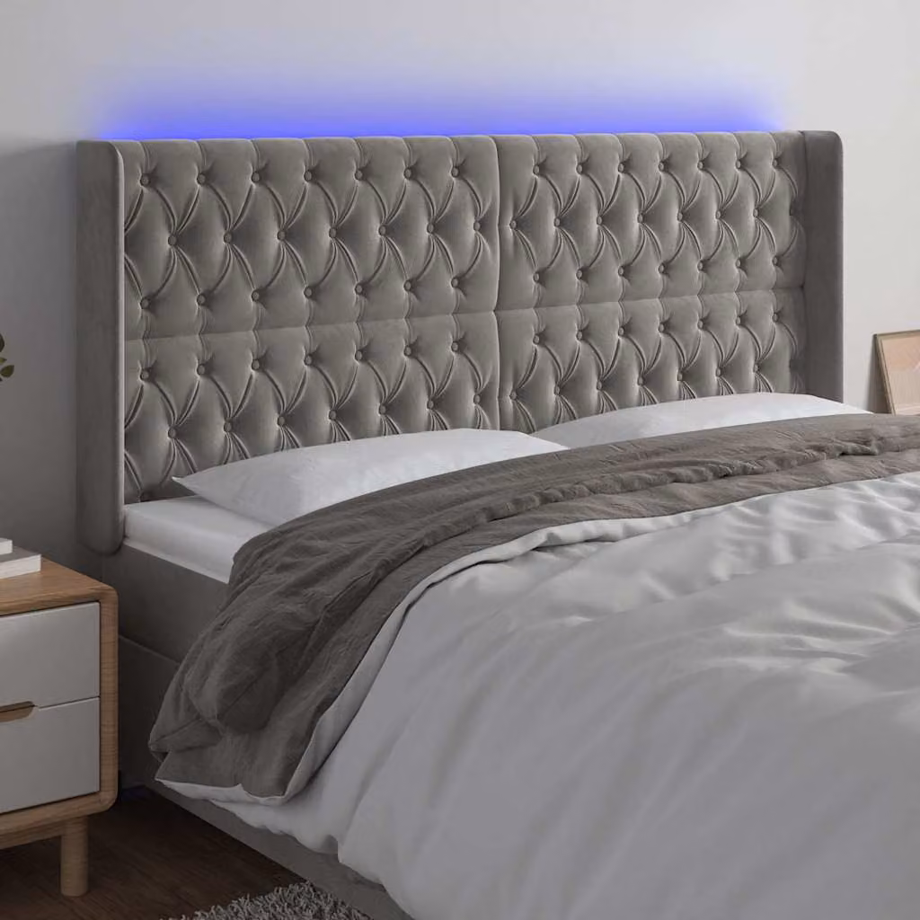 Testiera per letto vidaXL in velluto grigio con illuminazione LED e porta di ricarica USB, L 183 cm x H 118/128 cm x P 16 cm