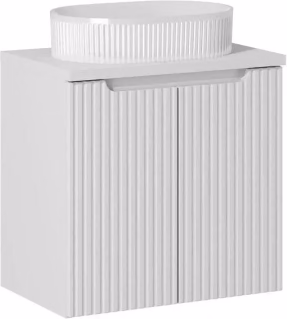 Ensemble VANO bianco 60cm: mobile sottolavabo con ante + piano per lavabo bianco + lavabo da appoggio scanalato bianco