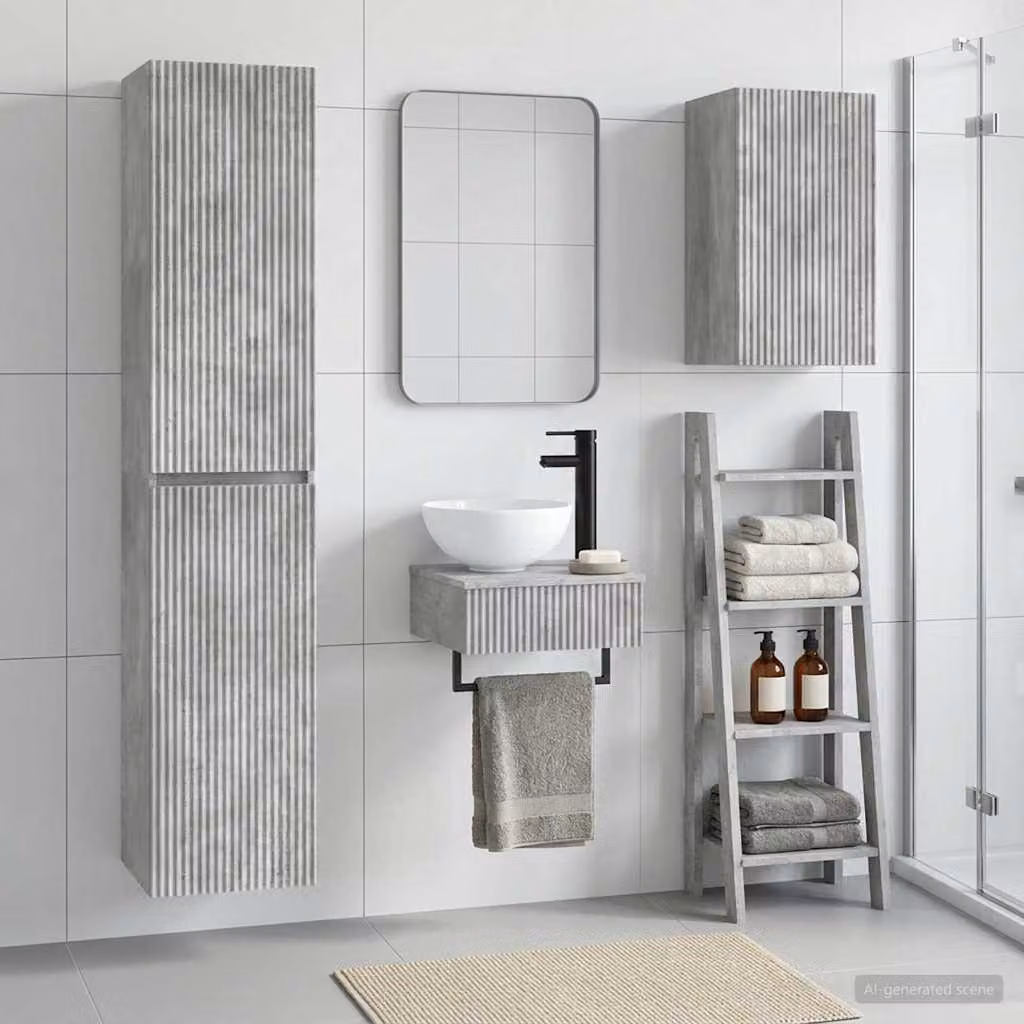 Set di mobili per il bagno moderno vidaXL in 3 pezzi Grigio, composto da mobile lavabo, pensile e colonna, con finitura opaca e struttura in legno