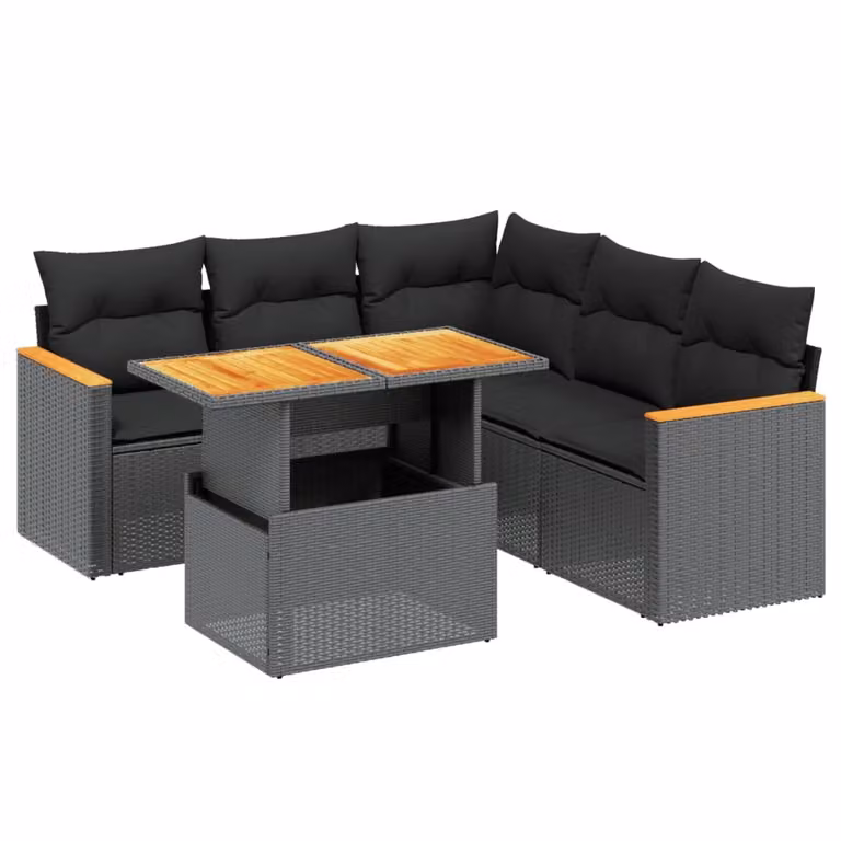 Set Divano da Giardino 6 pz con Cuscini Nero in Polyrattan