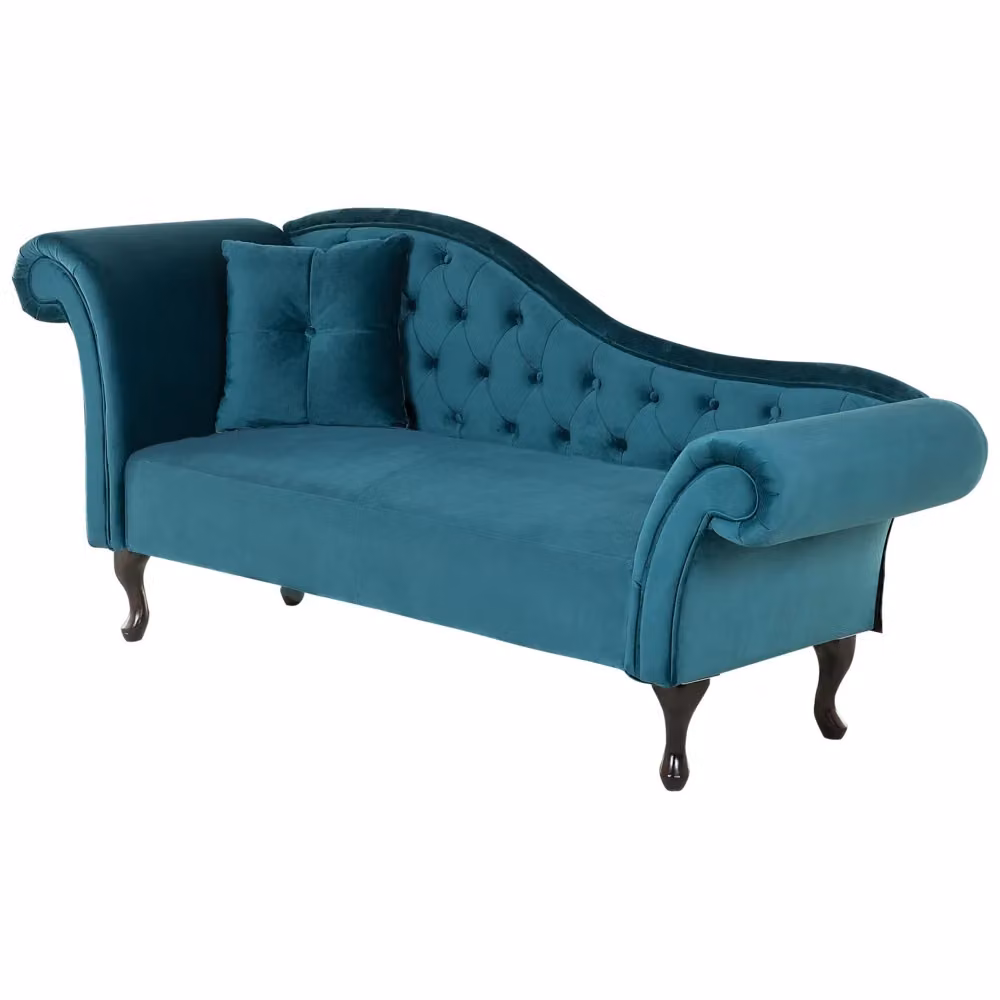 Chaise longue BELIANI in velluto blu con cuscini, versione sinistra con bracciolo arrotolato e struttura in legno di larice oliato, L: 188 cm, P: 59 cm, H: 87 cm – 2