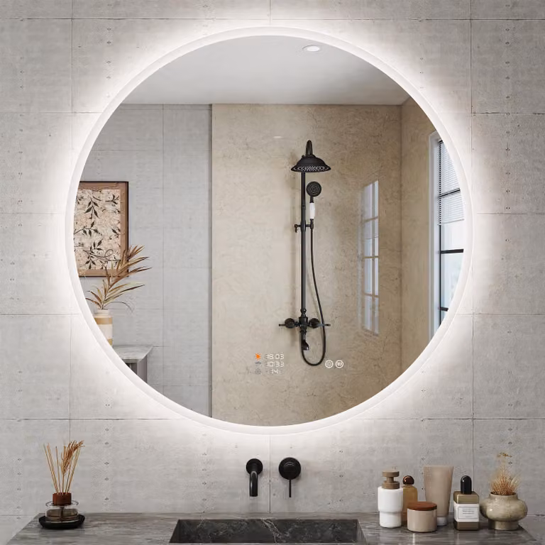 Specchio da bagno rotondo da 80 cm con illuminazione, orologio e Bluetooth