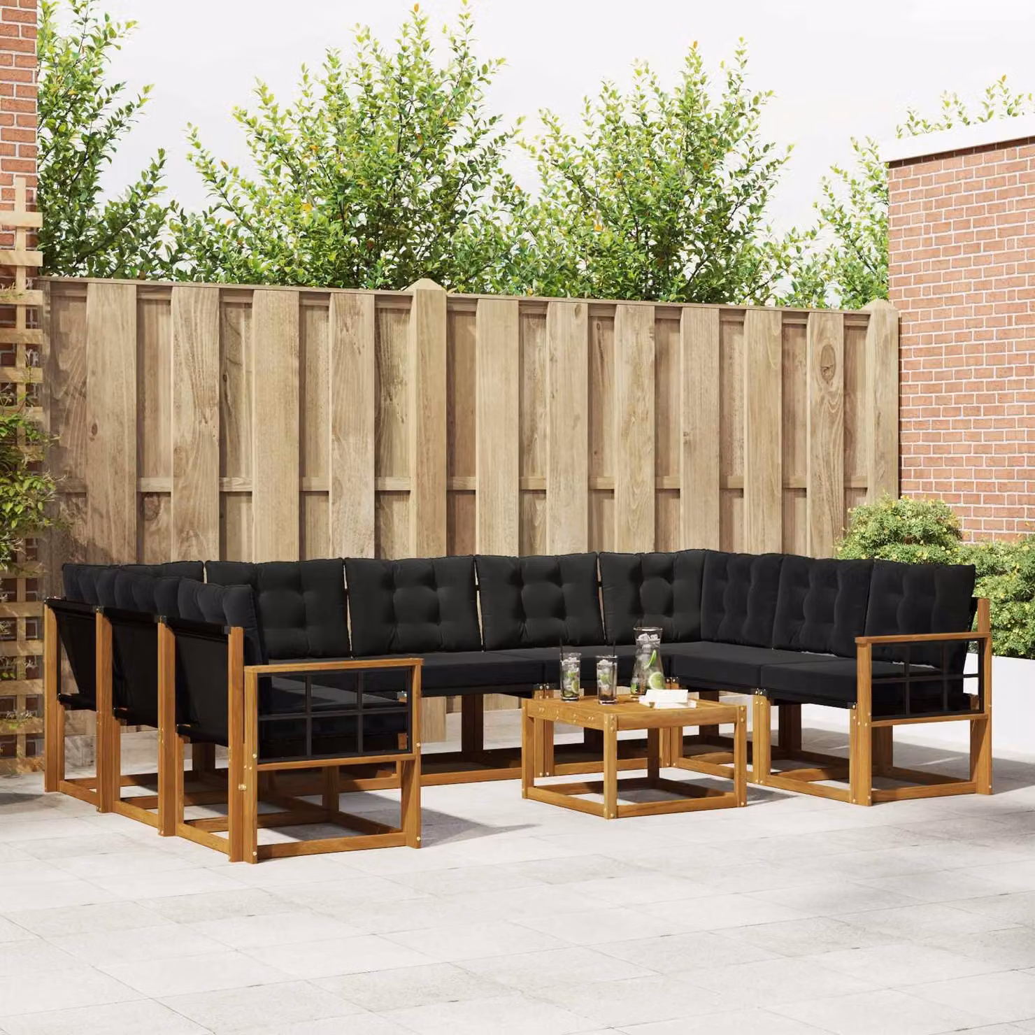 Set di divani da esterno vidaXL 10 pezzi in legno di acacia con cuscini e tavolino, colore marrone e nero