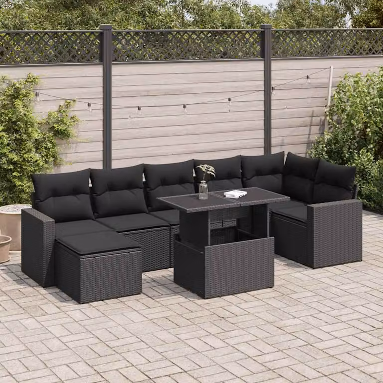 Set di divani da giardino vidaXL in polyrattan nero con 8 cuscini