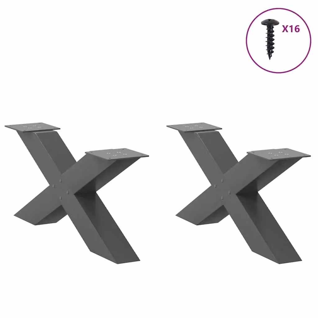 Set di 2 gambe decorative a forma di X per tavolino da caffè in acciaio antracite opaco con piedini livellatori, H: 70 cm, L: 30 cm – 2