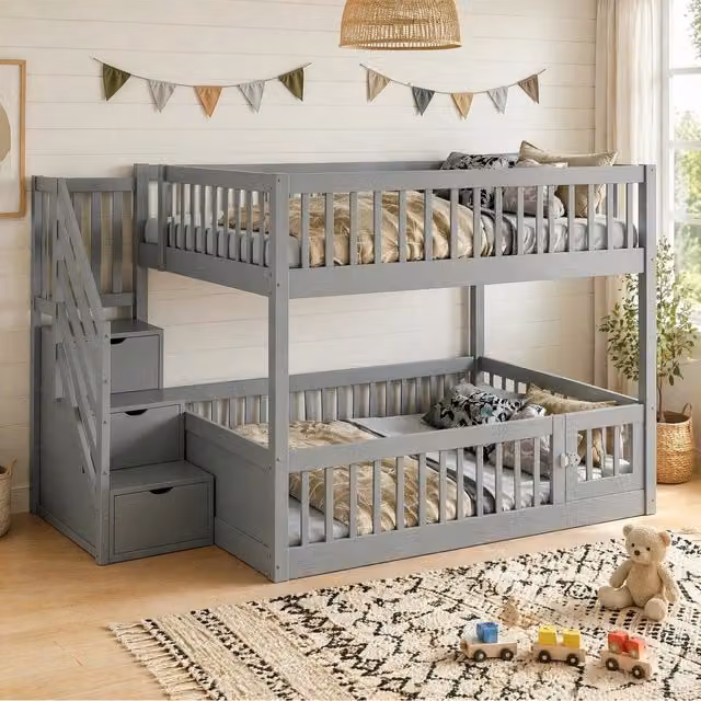Letto a castello Mivray per bambini in legno grigio con scala e cassetti L/P/H: 200 x 140 x 175 cm