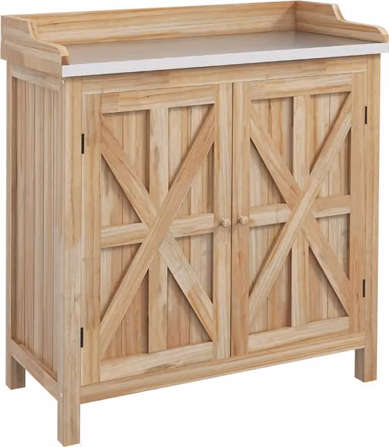 Outsunny Tavolo da trapianto da giardino beige con 2 ripiani in metallo e piedini in legno di pino – 1