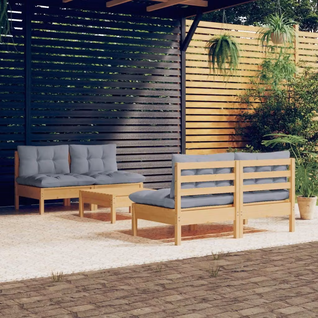 The Living Store Set da giardino 5 pezzi con cuscini grigi in legno di pino