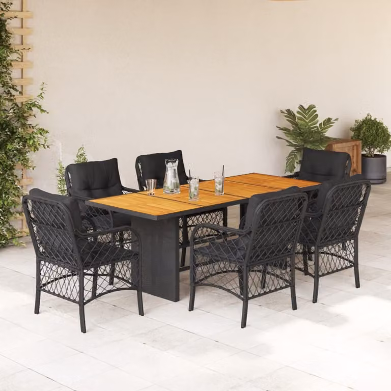 Set da Pranzo da Giardino vidaXL 7 pz in Polyrattan e Legno di Acacia Nero con Cuscini