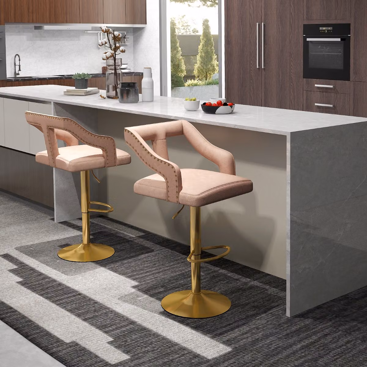 Set di 2 sgabelli da bar Costway in velluto con braccioli, girevoli a 360 gradi e regolabili, colore rosa o grigio – 3