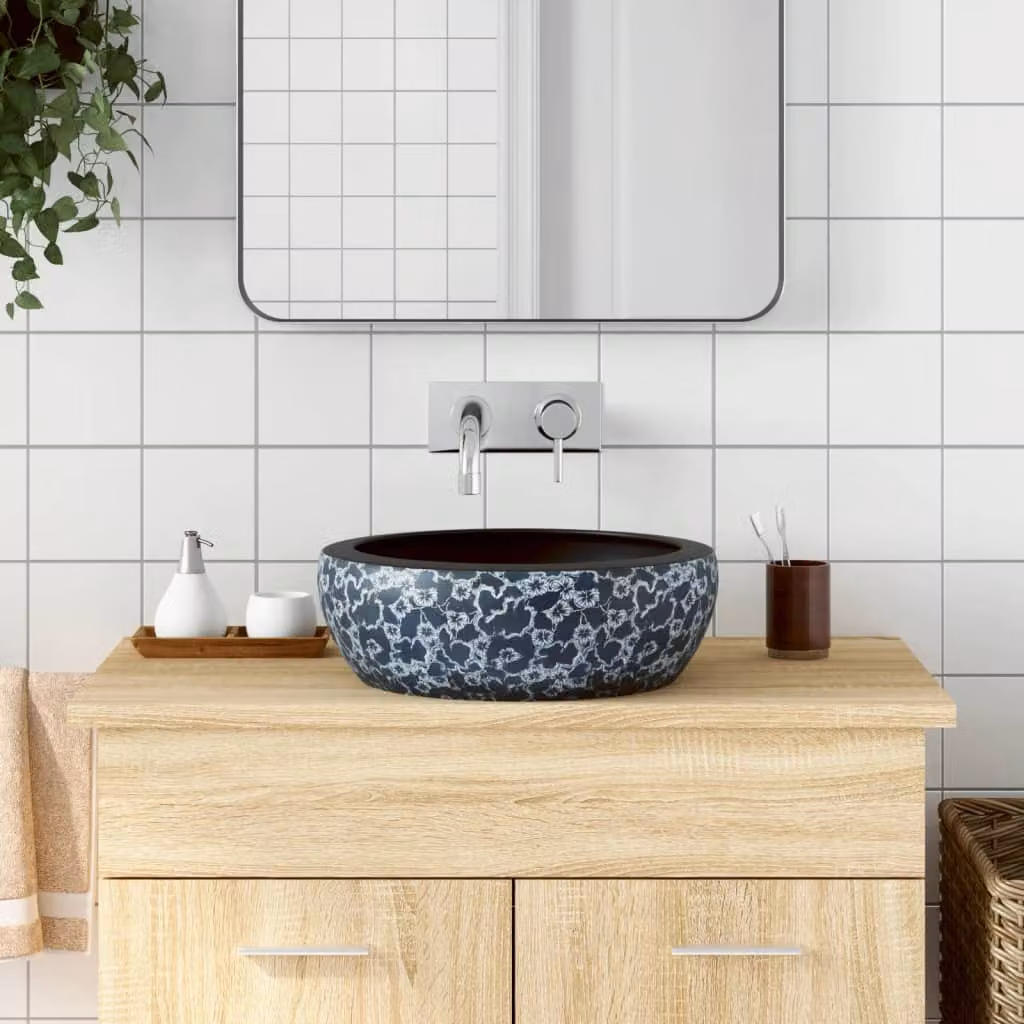 Lavabo da appoggio rotondo vidaXL in ceramica nero e blu, Diametro: 41 cm, Altezza: 14 cm