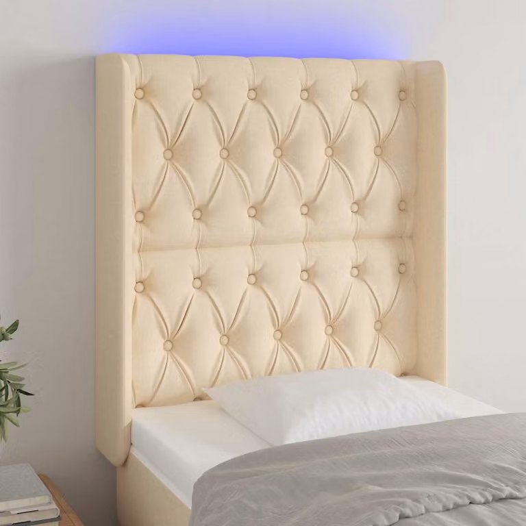 Testiera per letto vidaXL in tessuto beige con illuminazione LED integrata e porte USB, L 83 cm x P 16 cm x H 118-128 cm