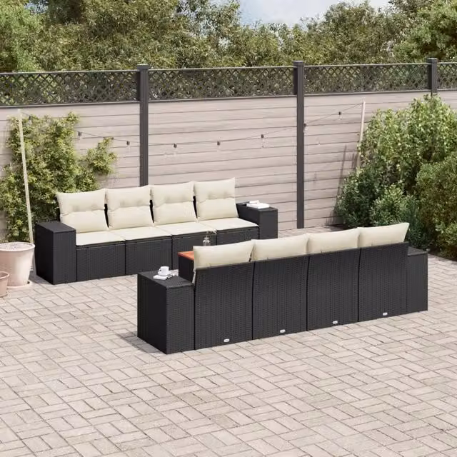 Set Divani da Giardino 9 pz con Cuscini Nero in Polyrattan 3225363