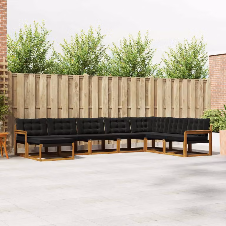 Set di divani da esterno vidaXL a forma di L composto da 8 pezzi in legno di acacia con cuscini inclusi, colore marrone e nero