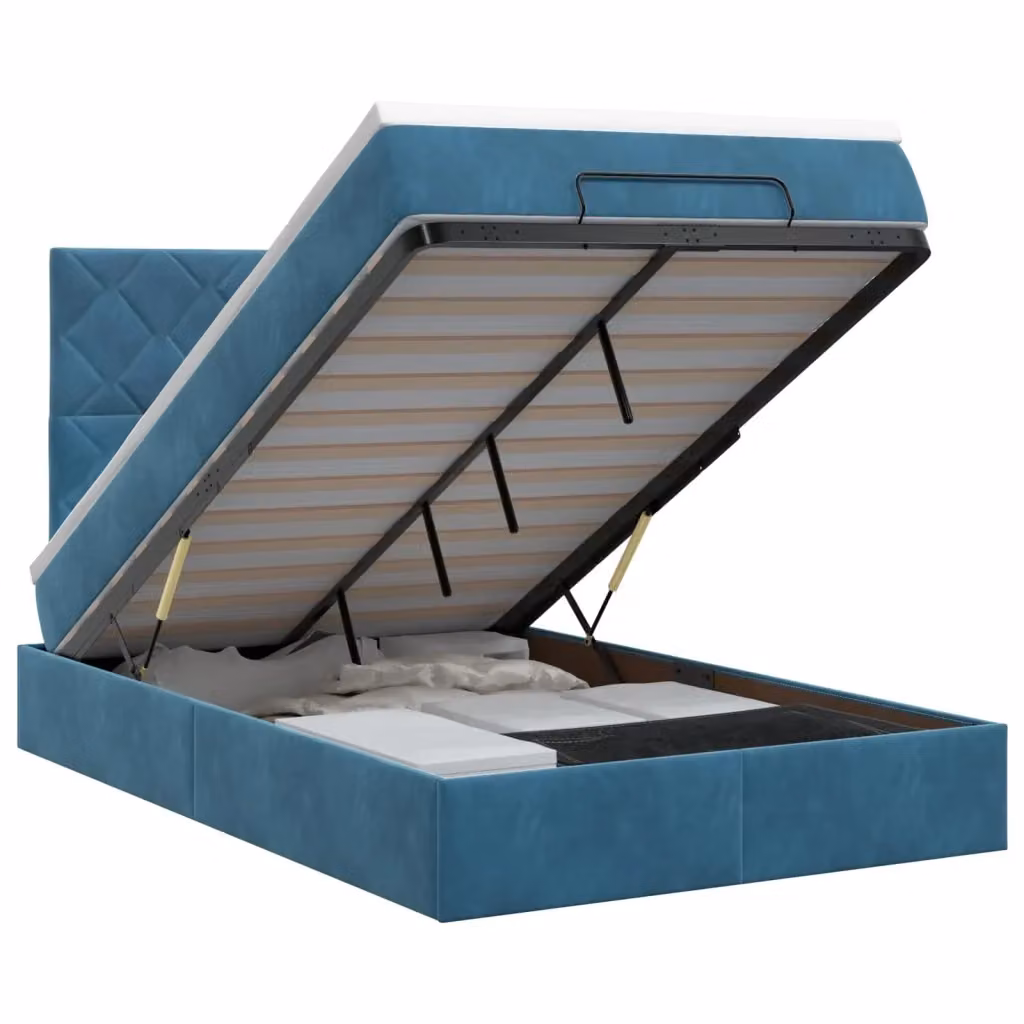 Letto ottomano moderno vidaXL in velluto blu e bianco con contenitore a sollevamento L: 120 cm, P: 200 cm, H: 128 cm – 2