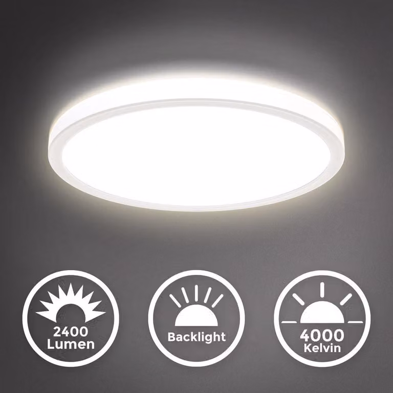 B.K.Licht Plafoniera LED dimmerabile su 3 livelli, 18W, 2400Lm, Luce bianca neutra 4000K, Ultrapiatta Illuminazione indiretta, Lampada da soffitto con Funzione di memoria, Pannello LED rotondo Ø293mm