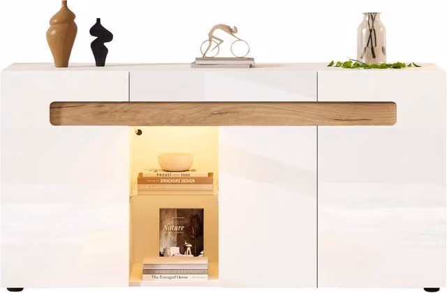 Credenza e buffet Chicfurn a 3 ante con illuminazione LED e controllo via app per soggiorno, finitura lucida, L 140 x P 40 x H 70 cm