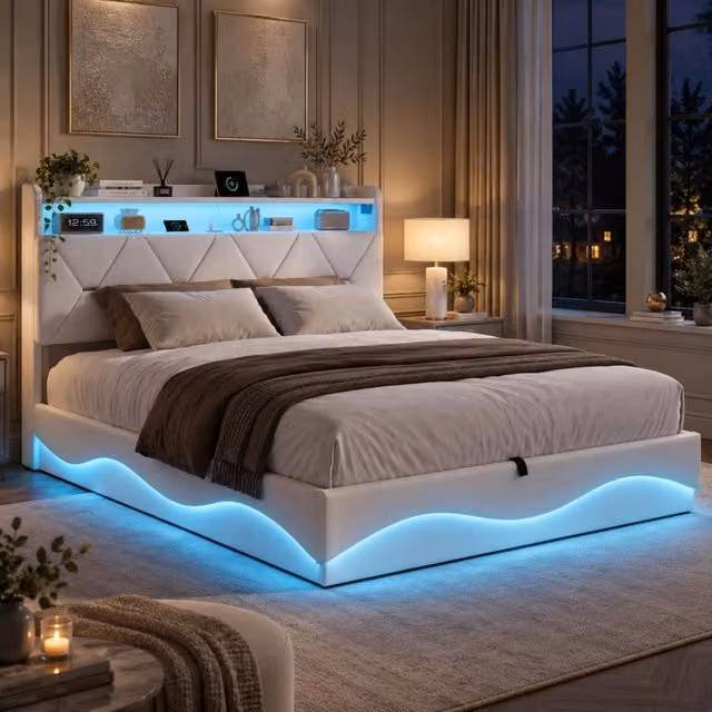 Letto Contenitore Matrimoniale 160x200 cm; Letto imbottito con LED e USB; Letto idraulico con Rete a doghe e Testiera con Contenitore; Veluto; Beige