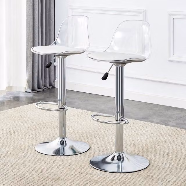 Set di 2 sedie da bar Zephmum con schienale trasparente e gambe in metallo argento, regolabili in altezza da 82 a 104 cm