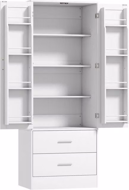 Credenza da Cucina 60x40x159 cm con Armadietto con 8 Ripiani Portaspezie e 2 Cassetti Bianco