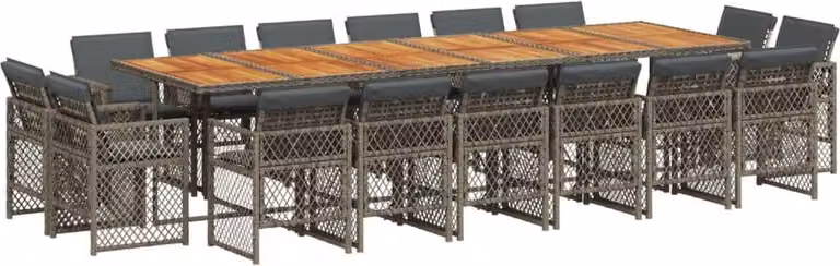 Set da Pranzo da Giardino 17pz con Cuscini Grigio in Polyrattan