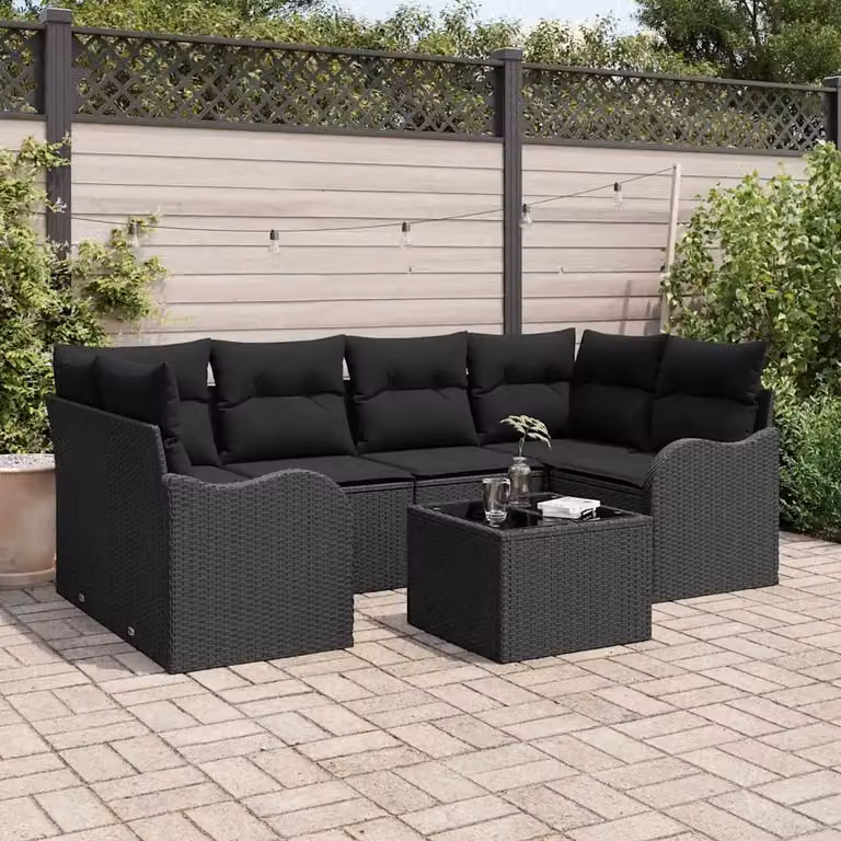 Set Divano da Giardino vidaXL 7 Pezzi a Forma di L con Tavolino Nero