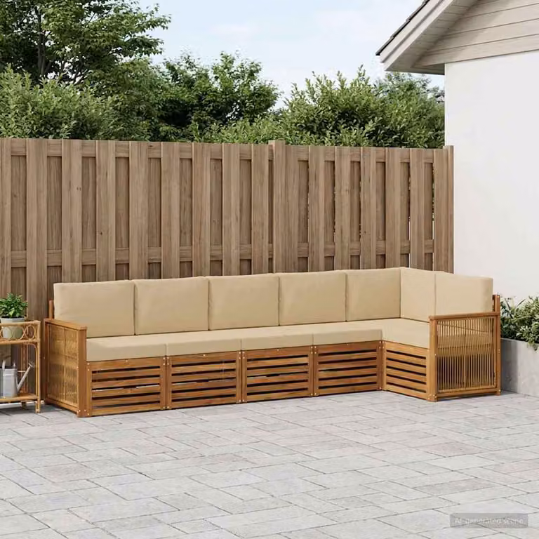 Set di divani da esterno a L vidaXL in legno di acacia con cuscini, 5 pezzi, beige e marrone