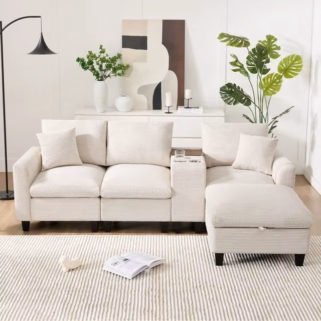 Divano Angolare Modulare REDOM in Velluto a Costine Beige con Console, Portabicchieri e Ricarica USB, L/P/H: 229 x 149,5 x 83 cm