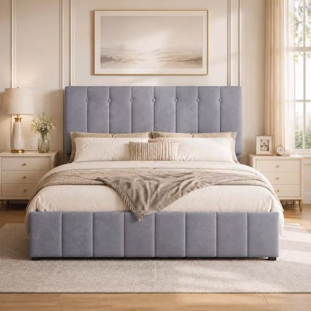 Letto imbottito contenitore 140x200 cm con rete a doghe; velluto grigio