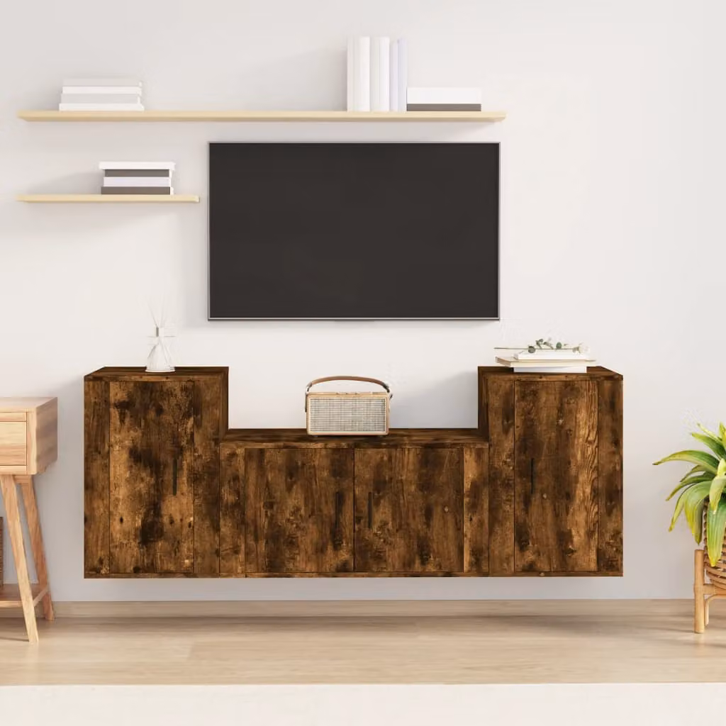 Set di mobili porta TV da 3 pezzi vidaXL in legno multistrato color rovere fumo marrone con montaggio a parete