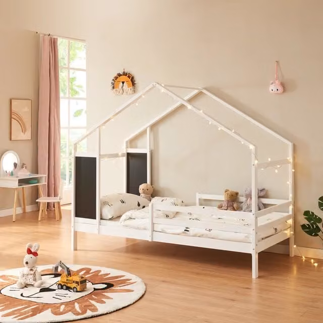Letto a Casetta Lorenskog en.casa per Cameretta in Legno di Pino Bianco con Barriera Anticaduta L/P/H: 200 x 90 x 105 cm