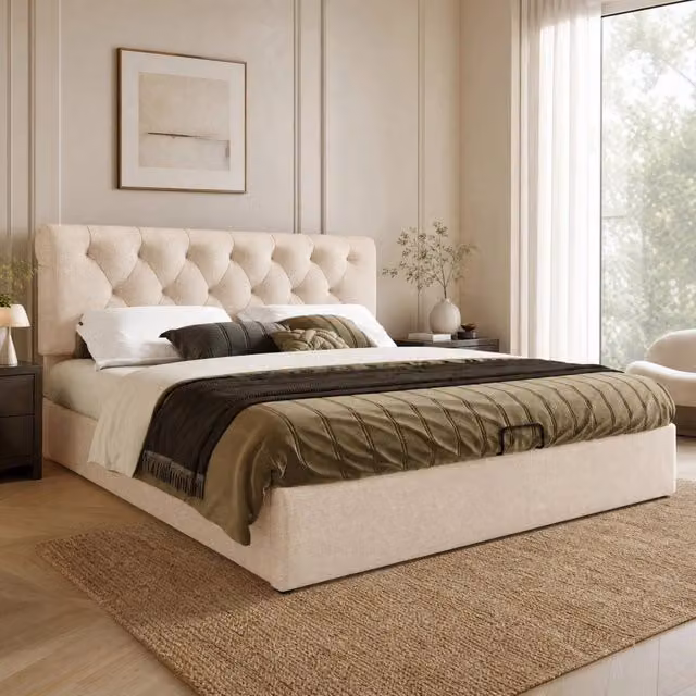 Letto matrimoniale contenitore 160 × 200 cm in lino naturale con testiera regolabile materasso incluso