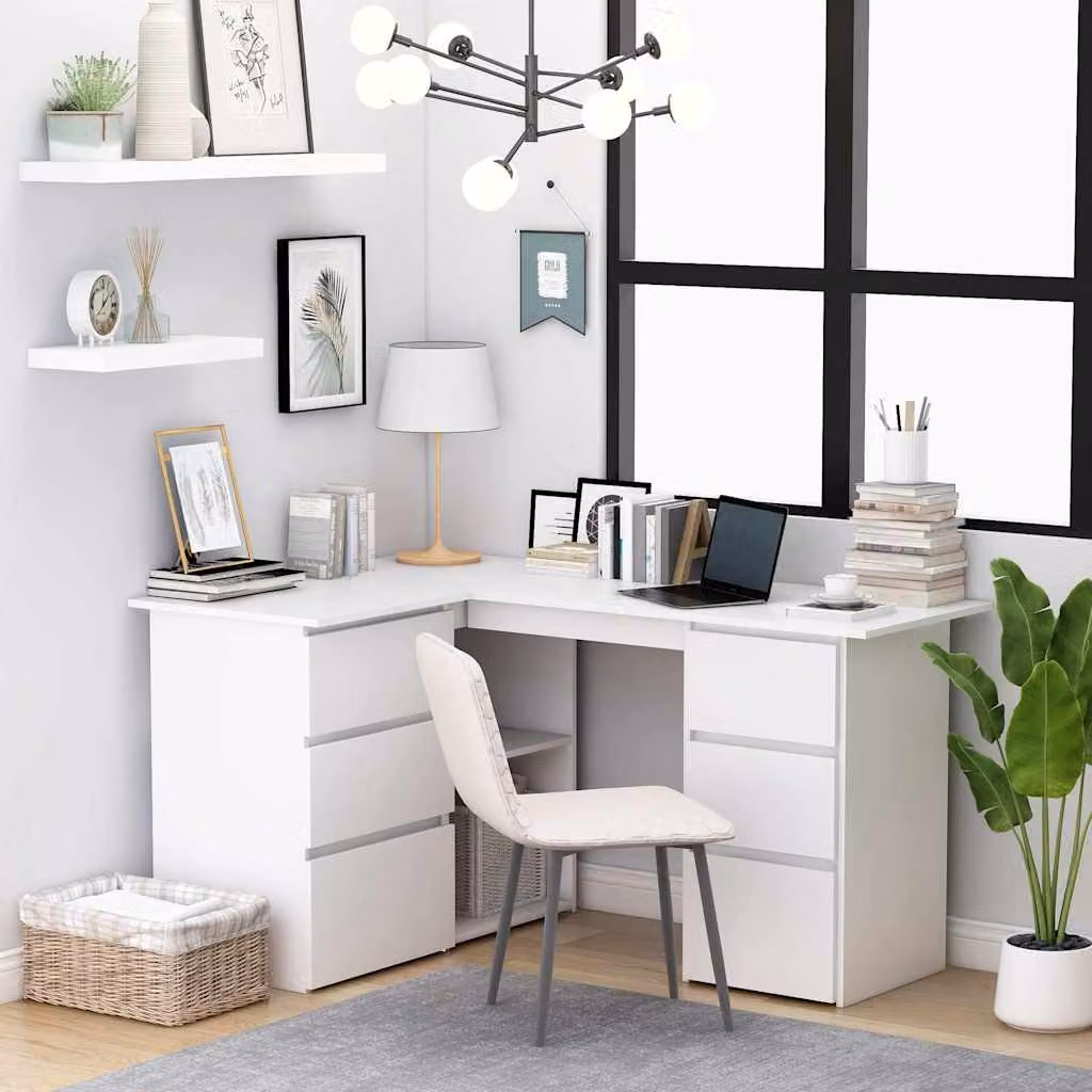 Scrivania ad Angolo vidaXL Bianca in Legno e MDF L: 145 cm, P: 100 cm, H: 76 cm – 1