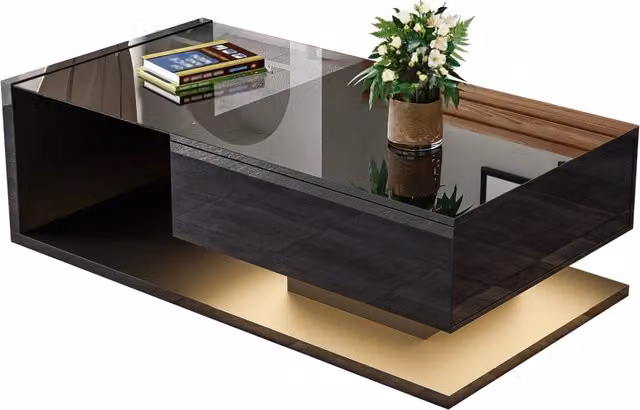 Tavolino da Salotto con Effetto LED, Piano in Vetro e Finitura Nero Lucido