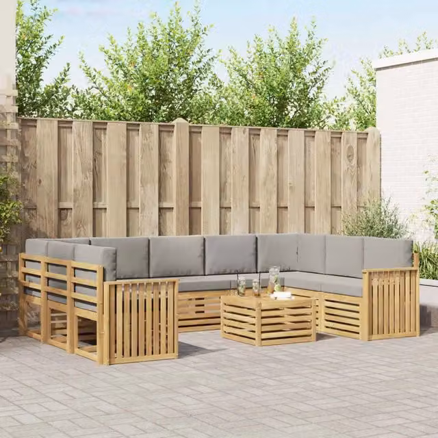 Set di divani da esterno vidaXL in legno di acacia con cuscini, composizione a L con tavolino, Bianco e Grigio – 1