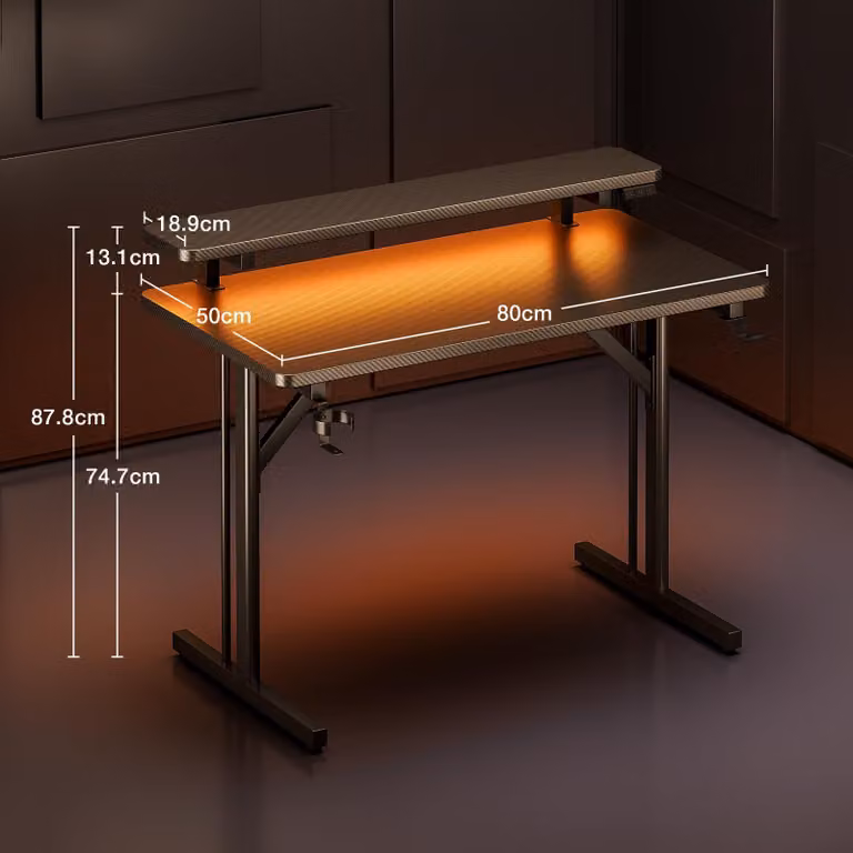 Scrivania da gaming - 80 cm di larghezza, fibra di carbonio nera - 88 cm di altezza - Struttura in metallo - Con illuminazione LED - Scrivania per computer