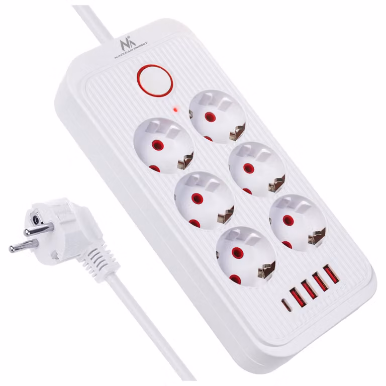 Multepresa Maclean Cavo di prolunga a 6 prese + 4 porte USB 110-240 V CA 50/60 Hz 2,1 A max 2500 W 3 m bianco MCE391 W